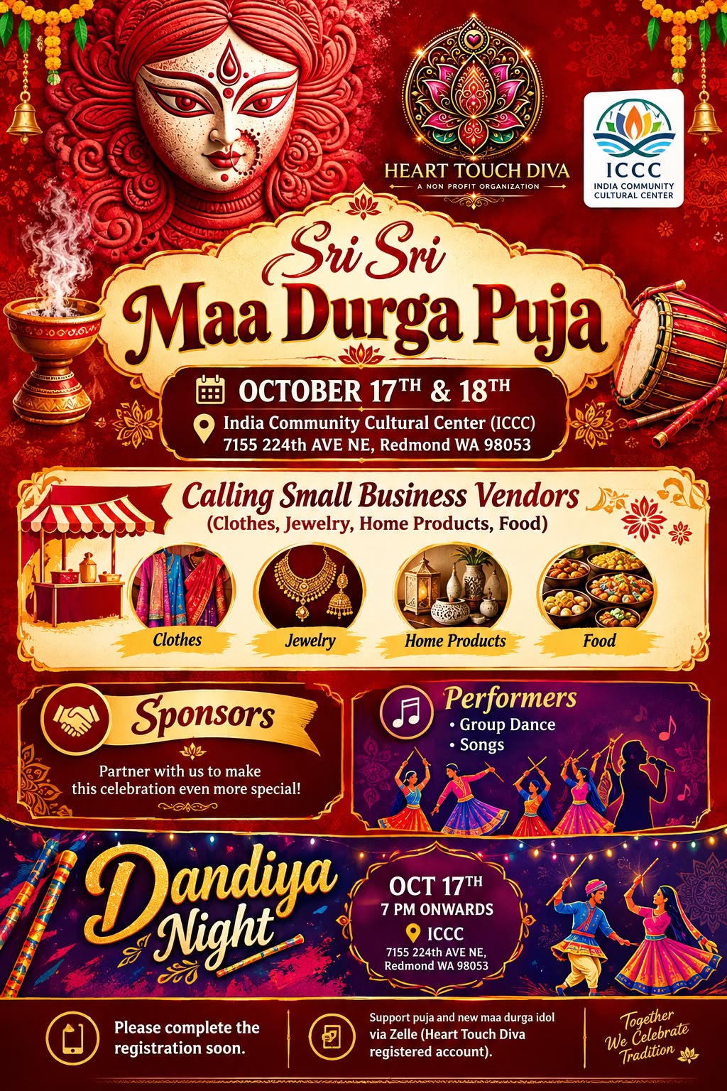 Small business vendors, performers, sponsors and Dandiya Night poster